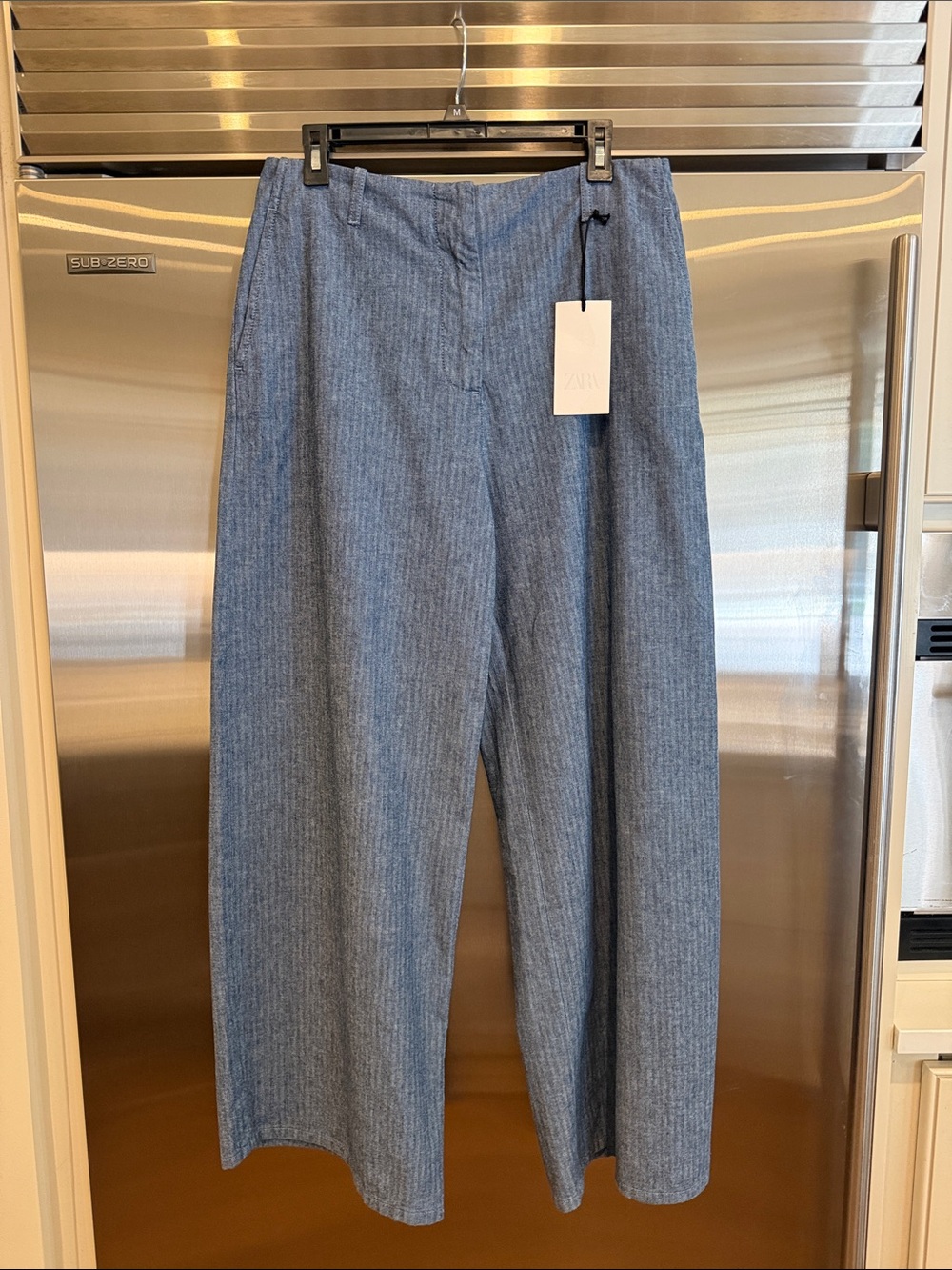 NWT ZARA Chambray Blue Pinstripe Wide-Leg Trousers Size 8